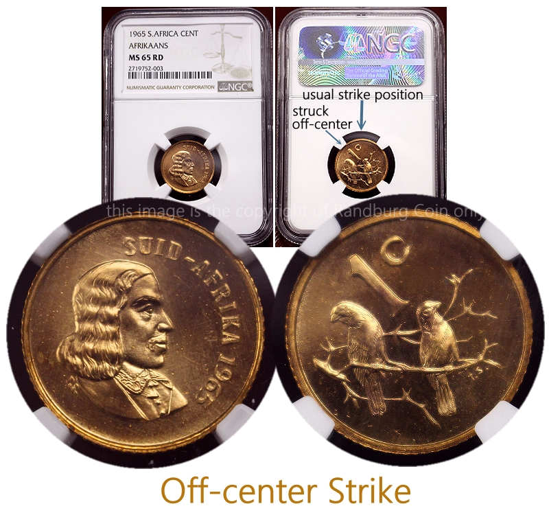 RARE 1965 South African Afrikaans 1c MS65 Red coin Offset Strike and